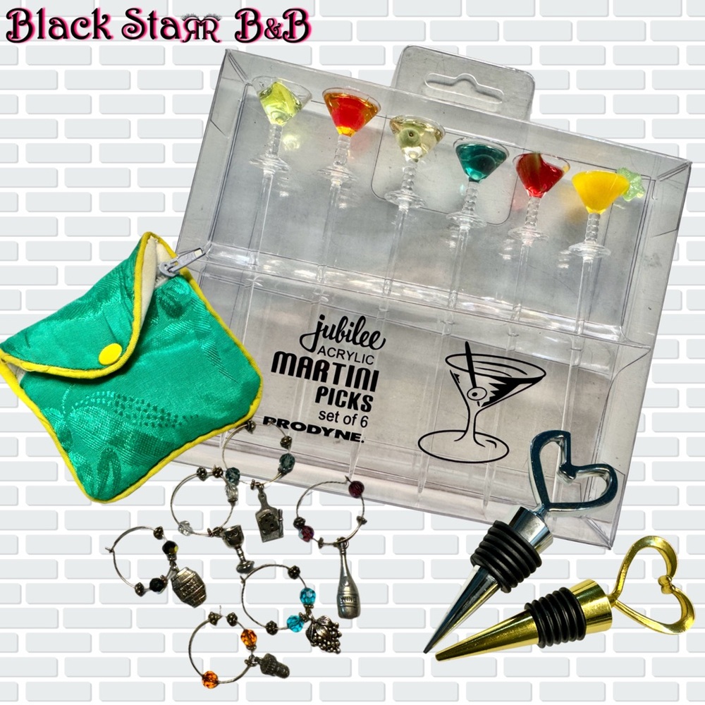 🍸Set of 6 Martini Stirs & Glass Stem Charms w/Duo Heart Bottle Stoppers Bundle